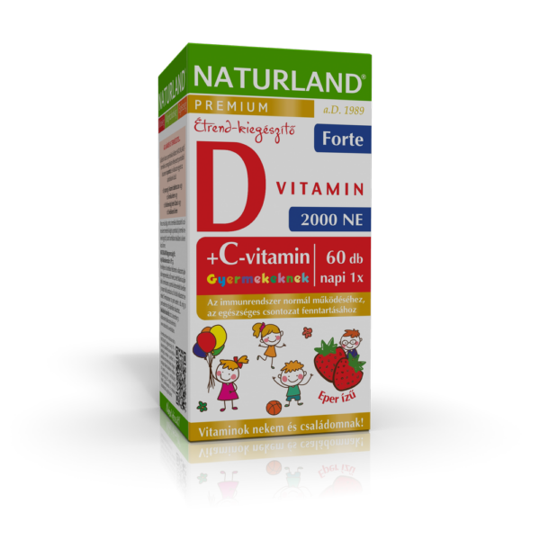 NATURLAND D3-vitamin forte rágótabletta gyermekeknek C-vitaminnal eper ízű 60x