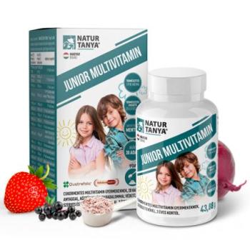 Natur Tanya JUNIOR MULTIVITAMIN - Cukormentes, gyerek multivitamin. 20 féle tápanyag, fekete bodza, céklalé por, finom eper ízben, 3 éves kortól. 1.Kép